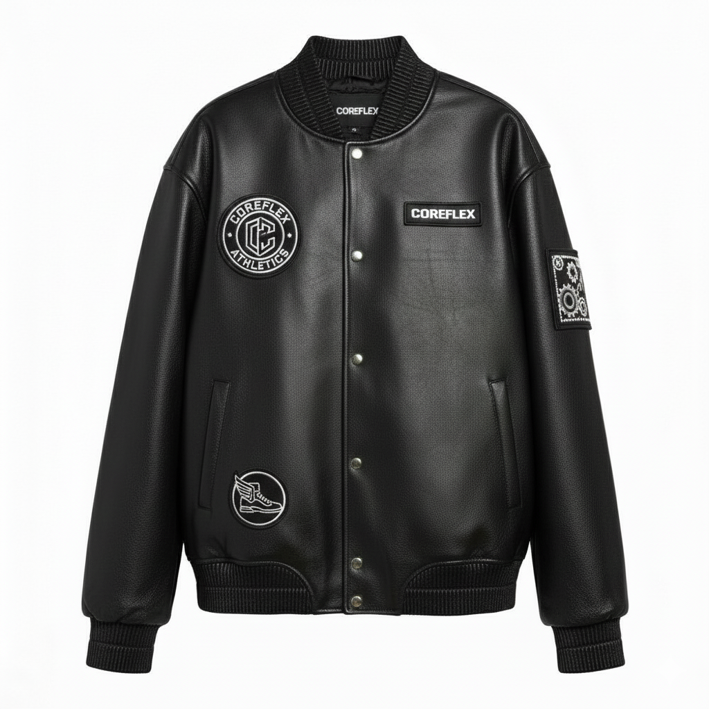 Black leather jacket with visible branding on a white background