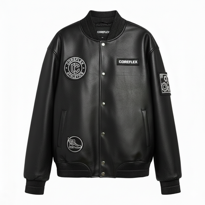 Black leather jacket with visible branding on a white background