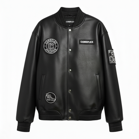 Black leather jacket with visible branding on a white background