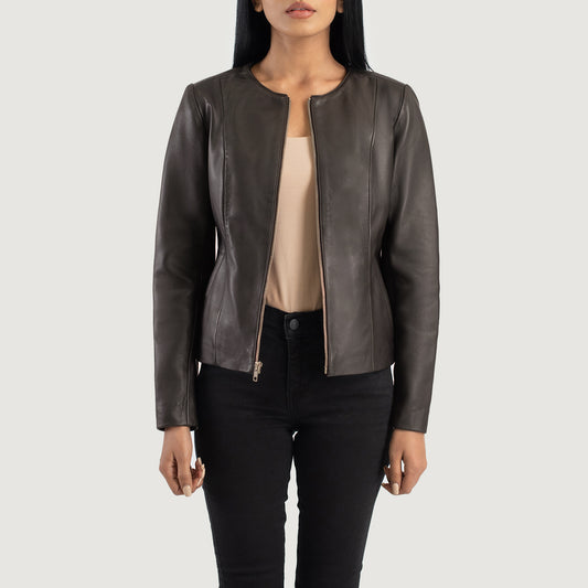 Elixir Brown Collarless Leather Jacket