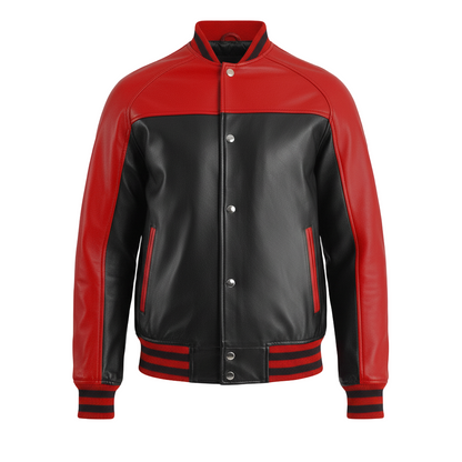 Red and black leather jacket on a light gray background