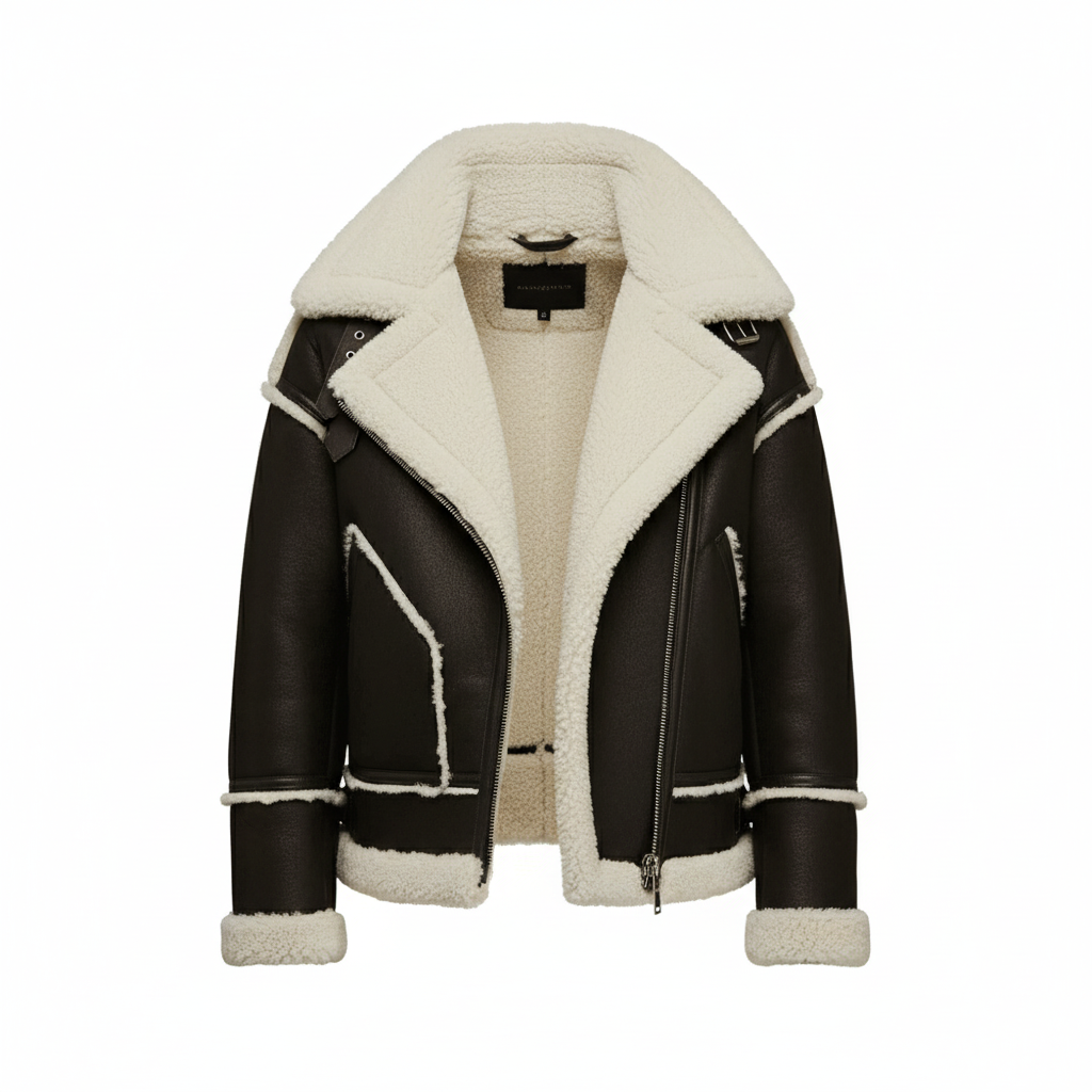 Black leather jacket with white shearling lining on a white background