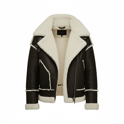 Black leather jacket with white shearling lining on a white background