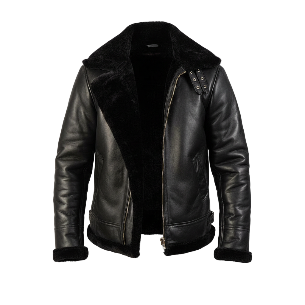 Black leather jacket with fur lining on a white background