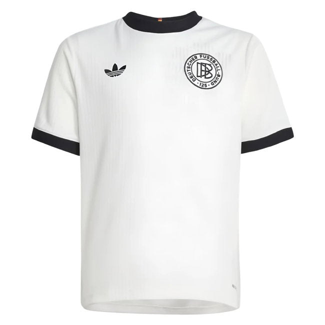 A white short-sleeve ringer soccer jersey with black trim on the crew neck and sleeve cuffs, featuring the Adidas Trefoil logo on the right chest and the DFB (German Football Association) crest on the left chest.