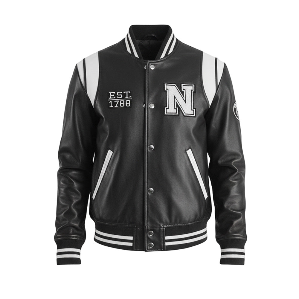 Black varsity jacket with white lettering on a light gray background