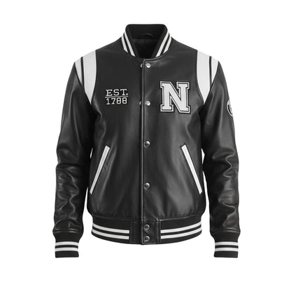 Black varsity jacket with white lettering on a light gray background