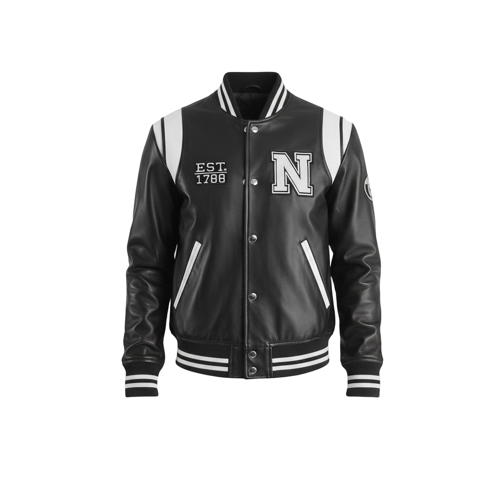 Black varsity jacket with white lettering on a light gray background