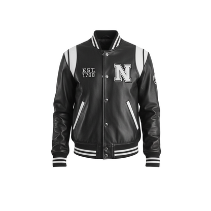 Black varsity jacket with white lettering on a light gray background