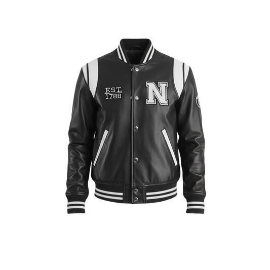 Black varsity jacket with white lettering on a light gray background