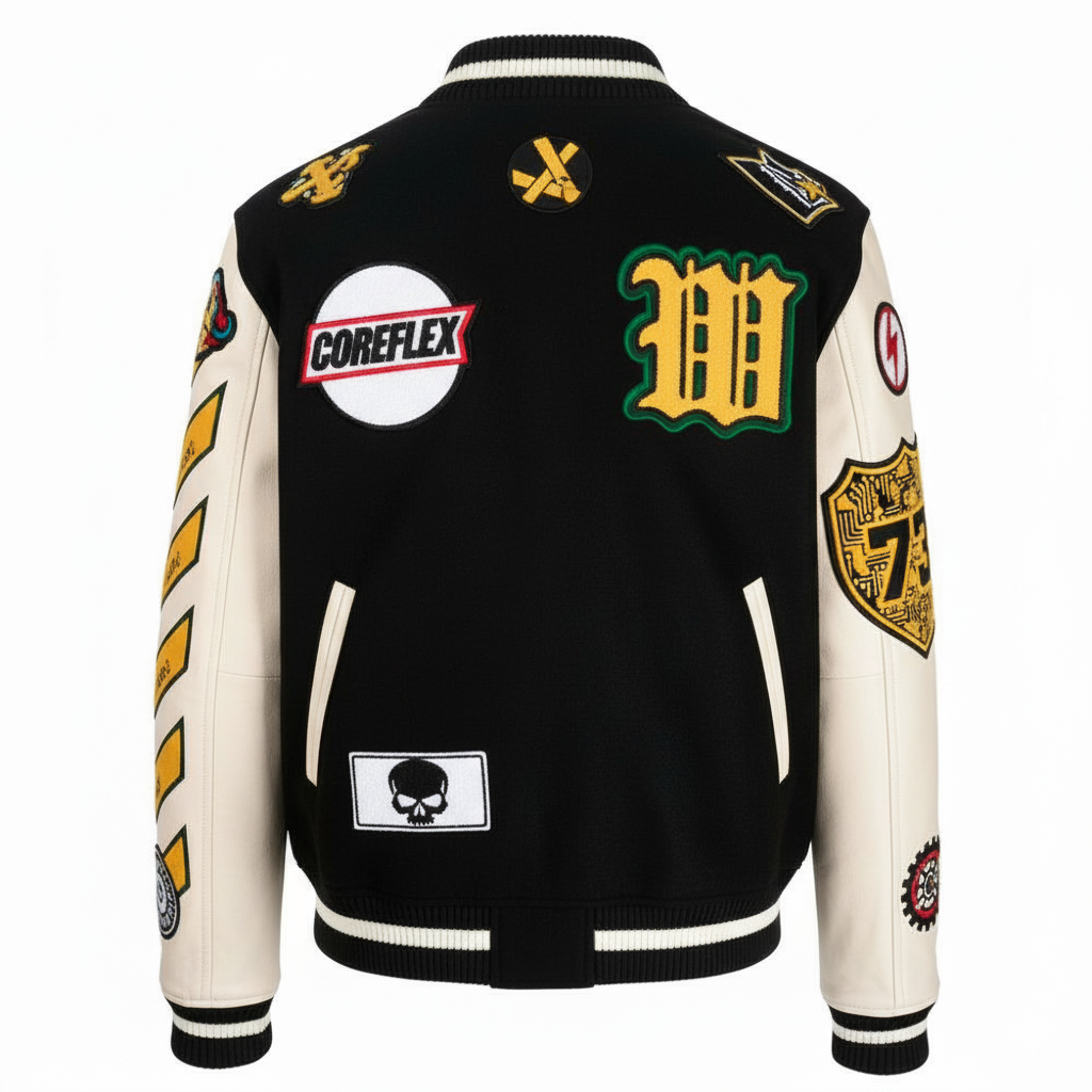 Black and white varsity jacket with various patches on a white background
