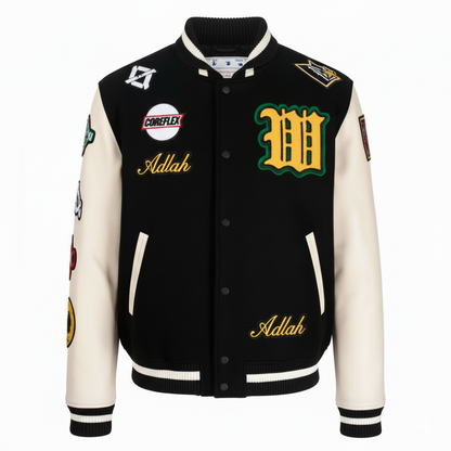 Black and white varsity jacket with logos and text on a white background