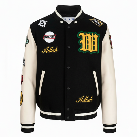 Black and white varsity jacket with logos and text on a white background
