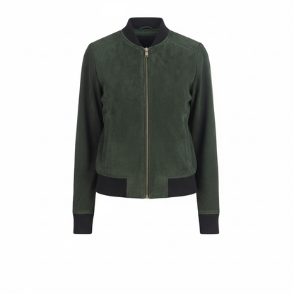 Green suede jacket with black accents on a white background
