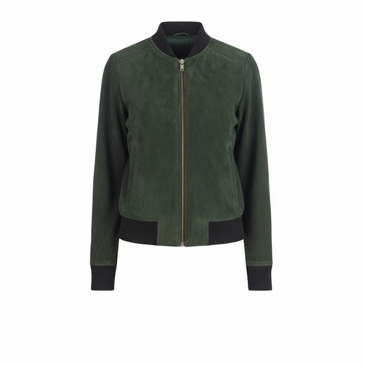 Green suede jacket with black accents on a white background