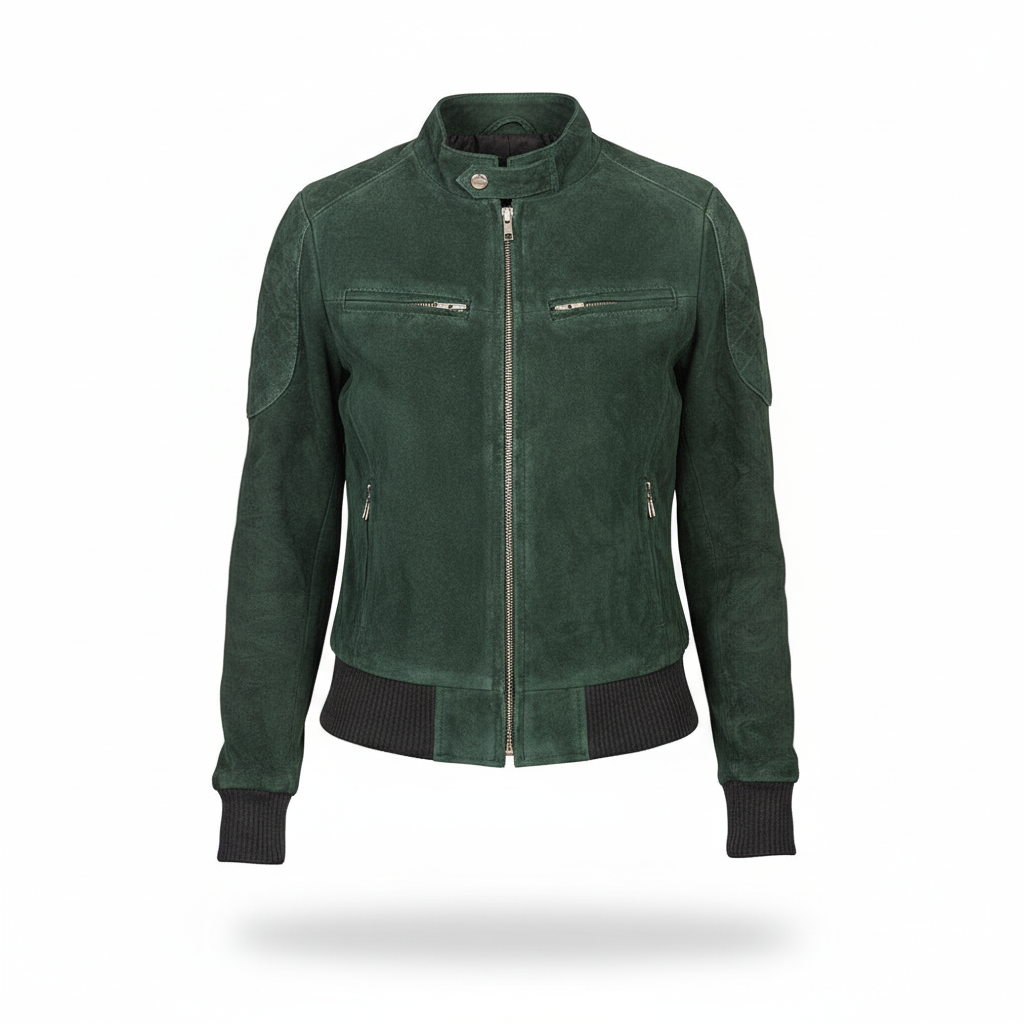 Green suede jacket on a white background