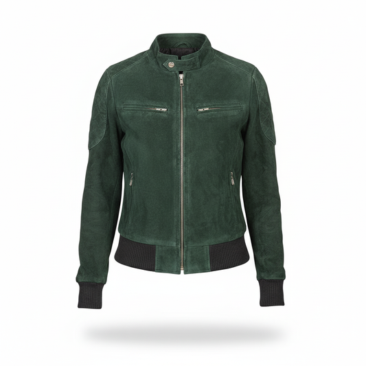 Green suede jacket on a white background