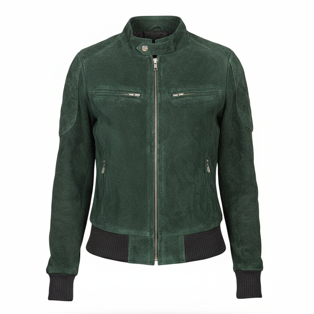 سترة بومبر من الجلد المدبوغ باللون الأخضر