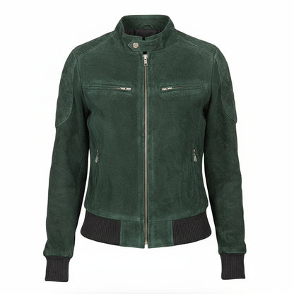 سترة بومبر من الجلد المدبوغ باللون الأخضر