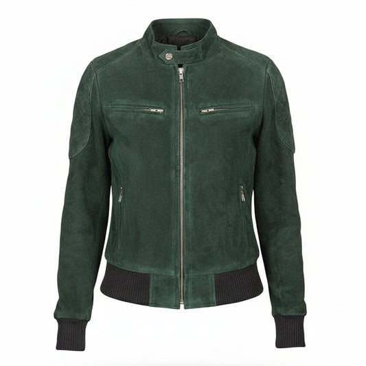 سترة بومبر من الجلد المدبوغ باللون الأخضر