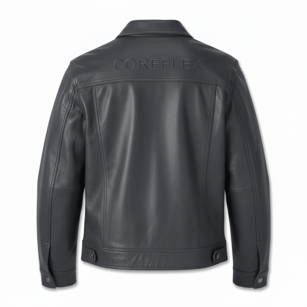 Black leather jacket with 'COREFLEX' branding on a white background