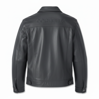 Black leather jacket with 'COREFLEX' branding on a white background