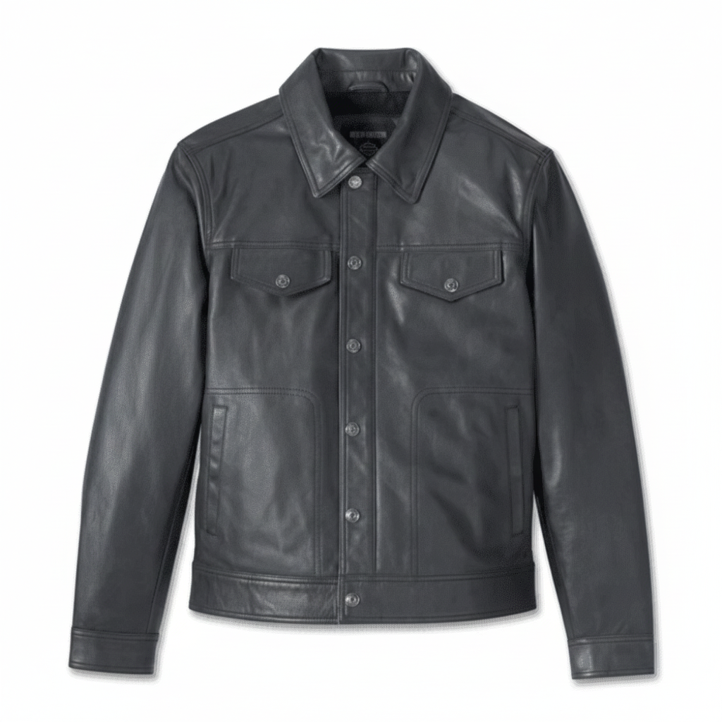 Black leather jacket on a white background