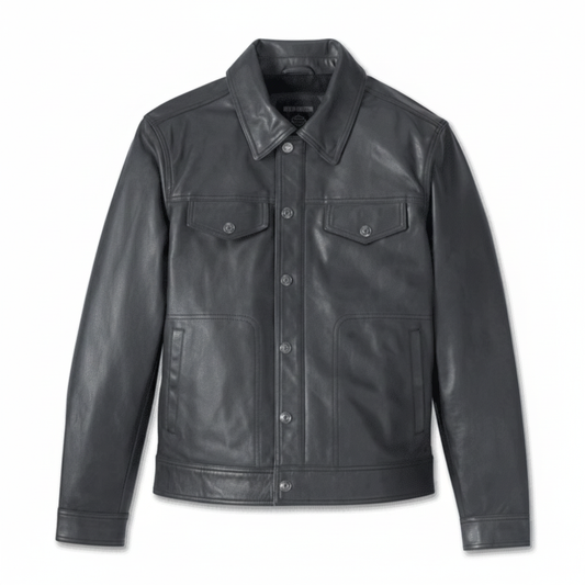 Black leather jacket on a white background