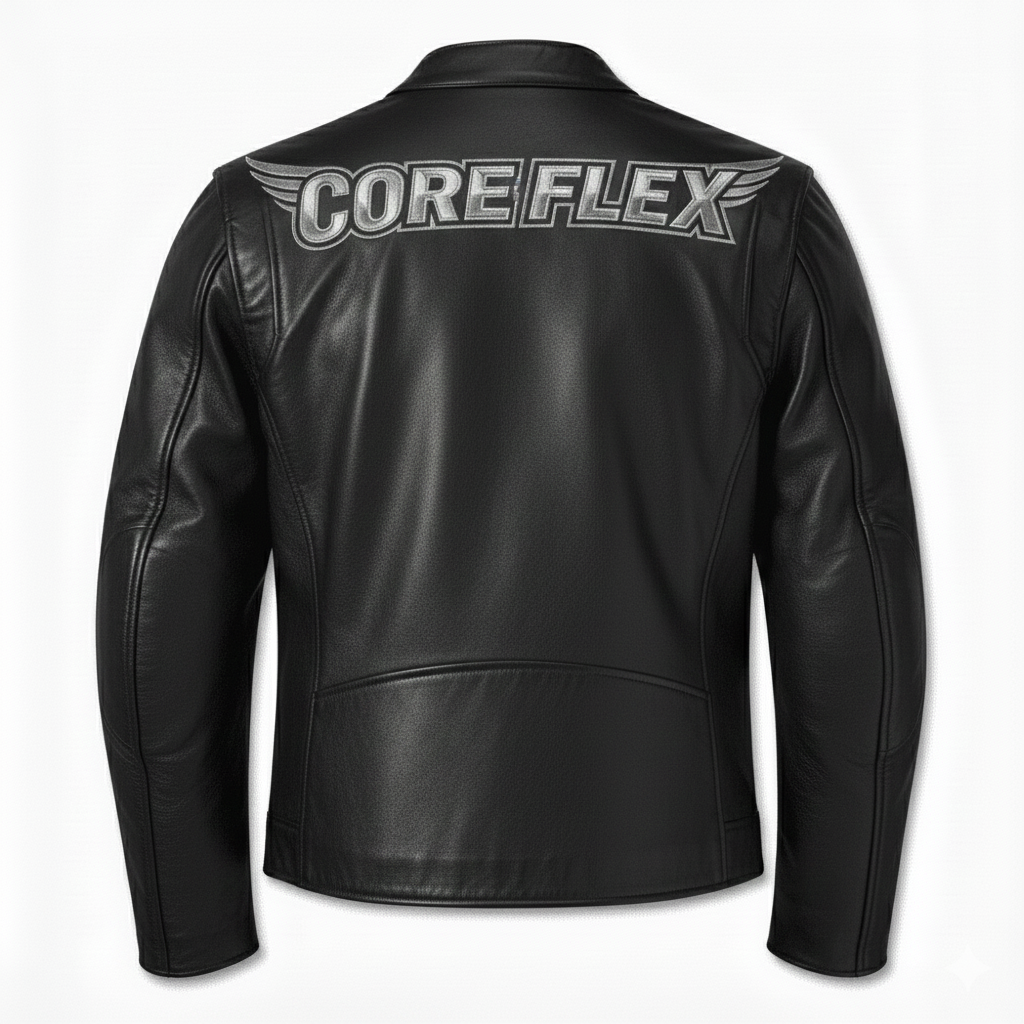 Black leather jacket with 'CORE FLEX' branding on the back against a white background