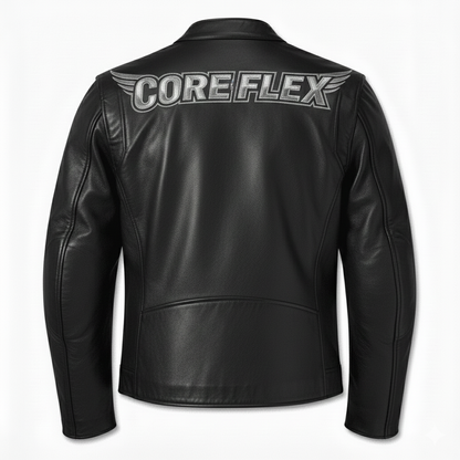Black leather jacket with 'CORE FLEX' branding on the back against a white background
