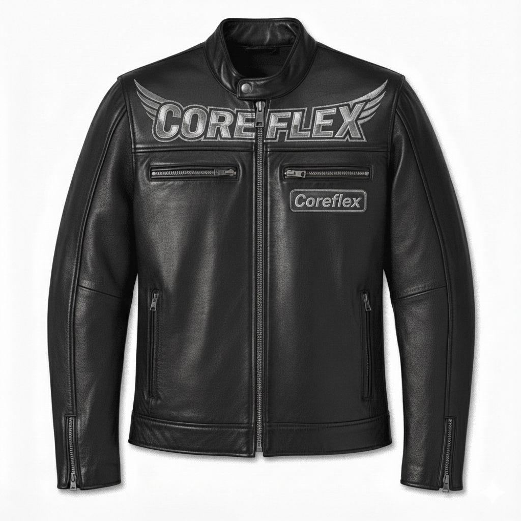 Black leather jacket with Coreflex branding on a white background