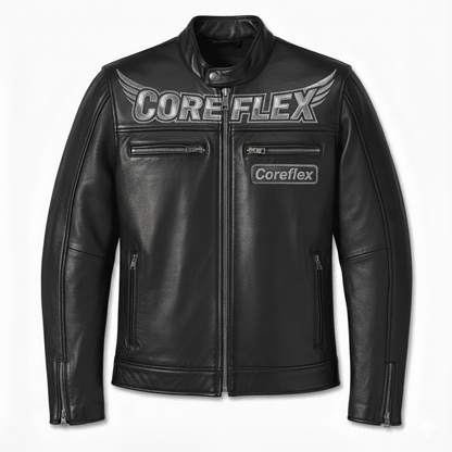 Black leather jacket with Coreflex branding on a white background