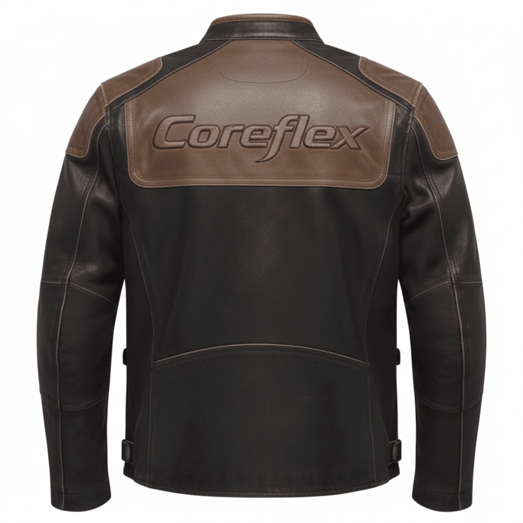 Black leather jacket with brown accents and Coreflex logo on a white background
