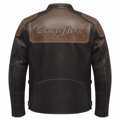 Black leather jacket with brown accents and Coreflex logo on a white background