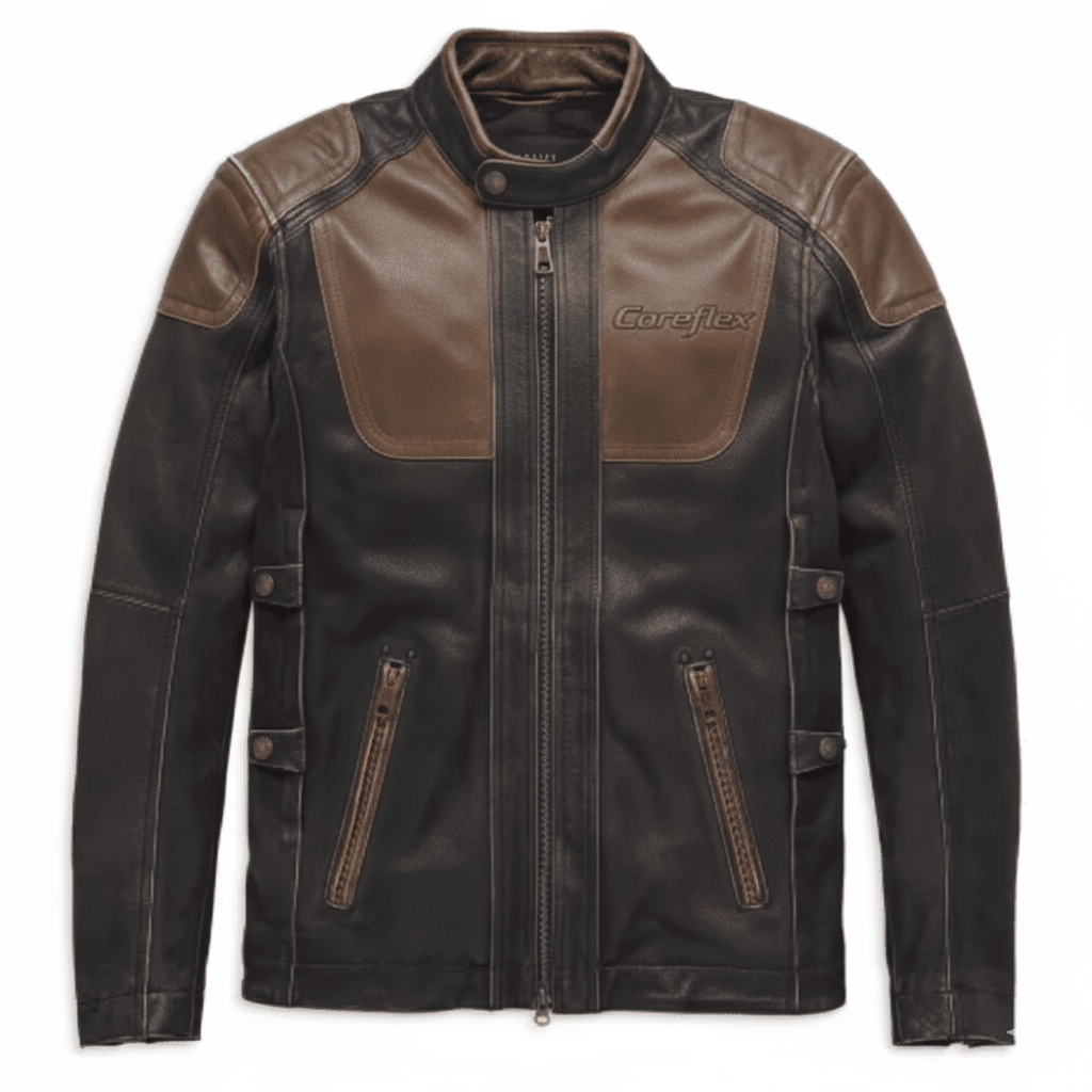 Brown leather jacket with Coreflex branding on a white background