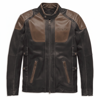 Brown leather jacket with Coreflex branding on a white background