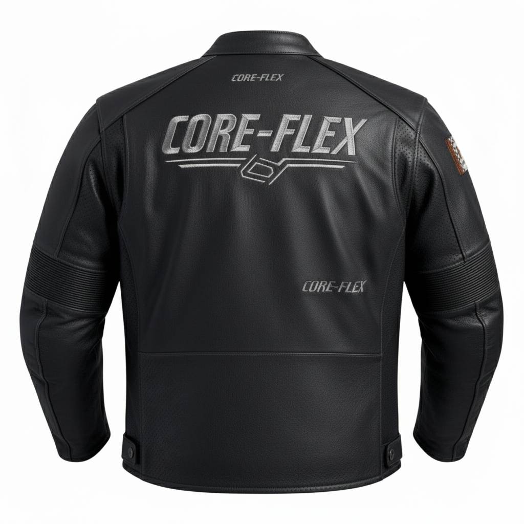 Black leather jacket with 'CORE-FLEX' branding on the back against a white background