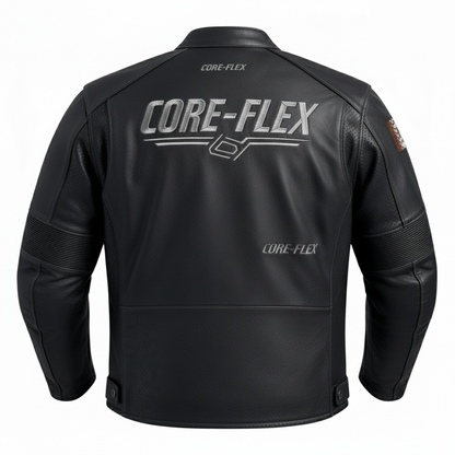 Black leather jacket with 'CORE-FLEX' branding on the back against a white background