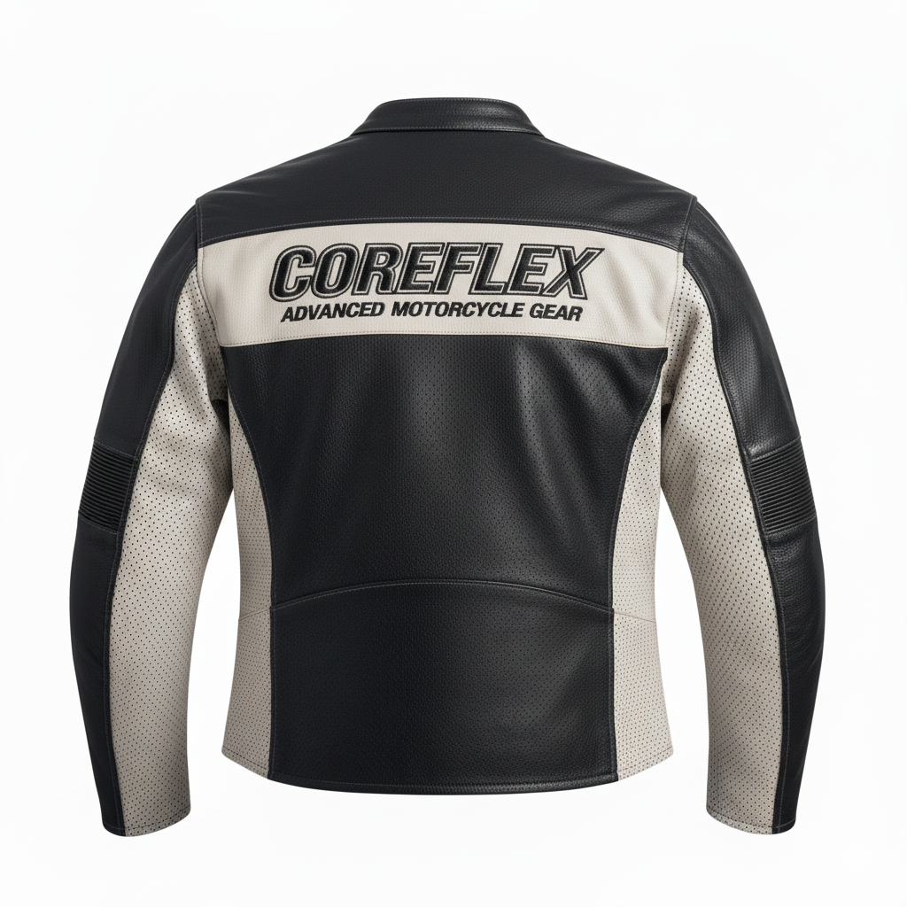 Black and beige motorcycle jacket with 'COREFLEX' branding on a white background