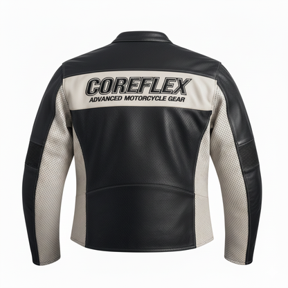 Black and beige motorcycle jacket with 'COREFLEX' branding on a white background