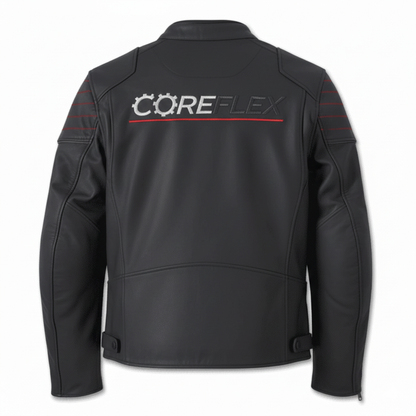 Black leather jacket with 'COREFLEX' branding on the back against a white background