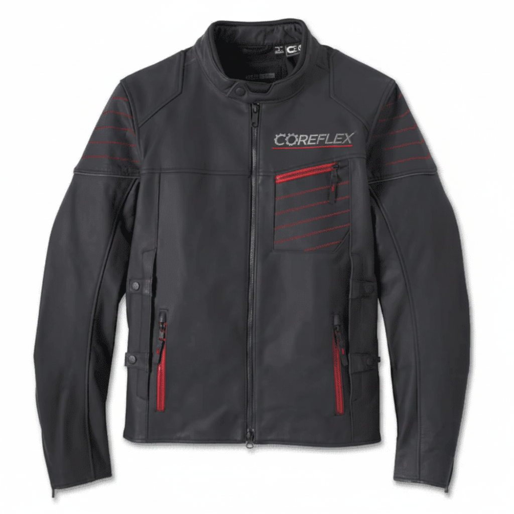 Black motorcycle jacket with red accents and 'COREFLEX' branding on a white background