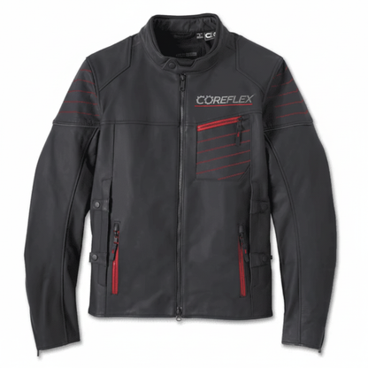Black motorcycle jacket with red accents and 'COREFLEX' branding on a white background