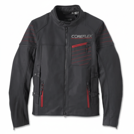 Black motorcycle jacket with red accents and 'COREFLEX' branding on a white background