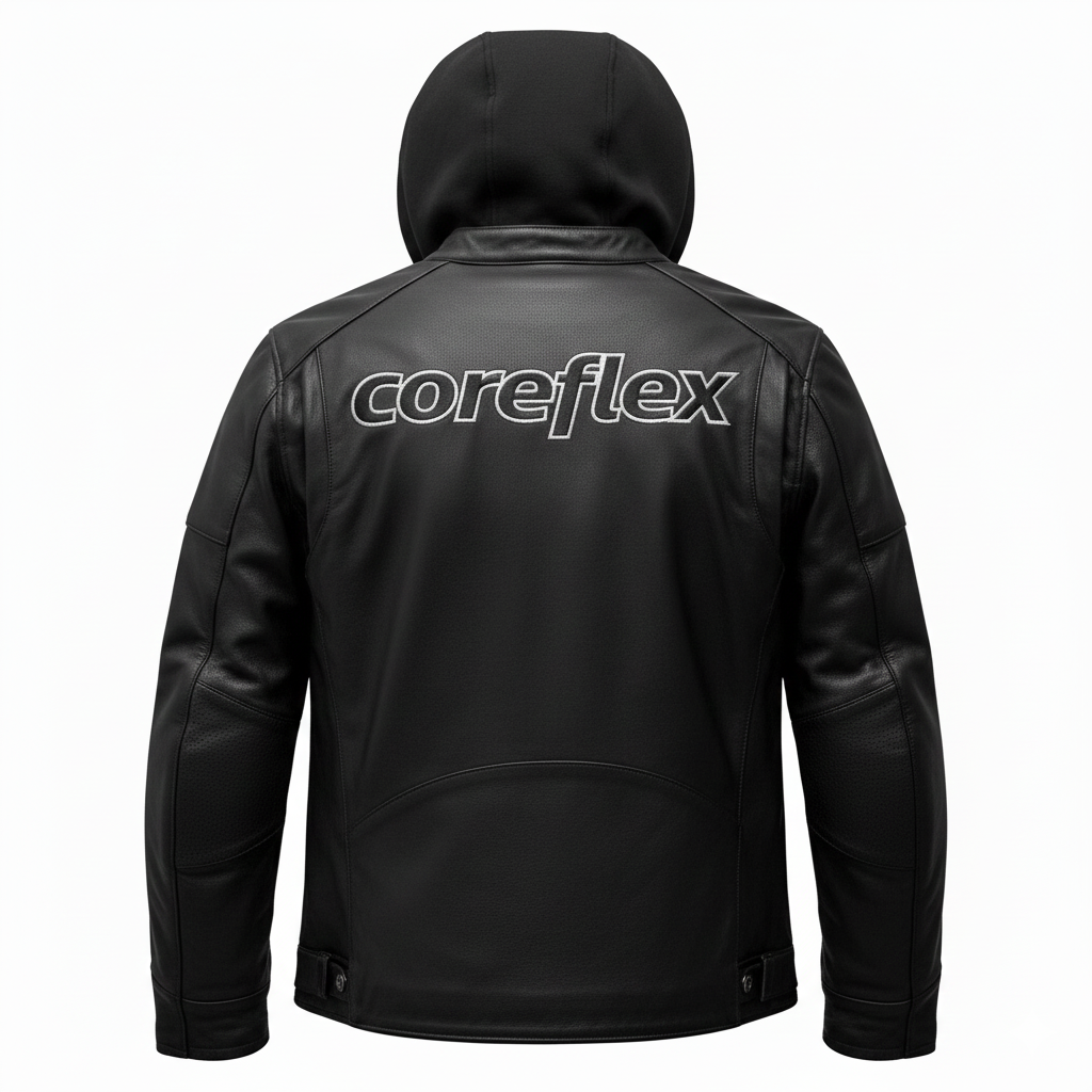 Black jacket with 'coreflex' logo on the back against a white background