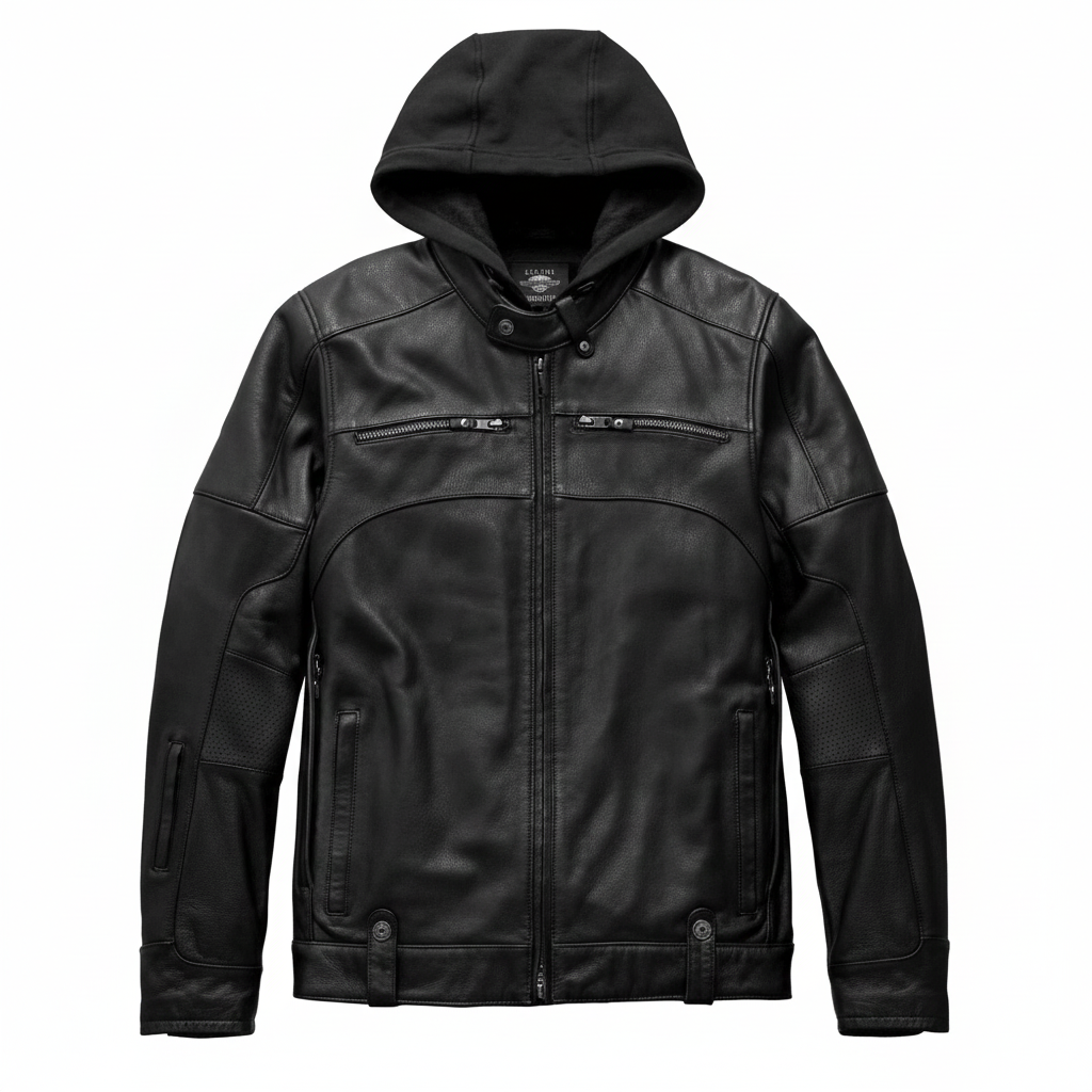 Black leather jacket with a hood on a white background
