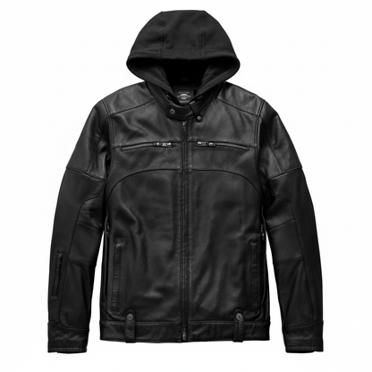 Black leather jacket with a hood on a white background