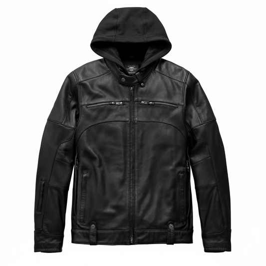 Black leather jacket with a hood on a white background