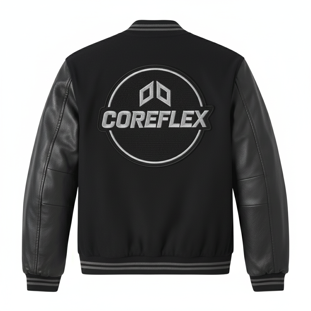 Black leather jacket with COREFLEX logo on the back against a white background