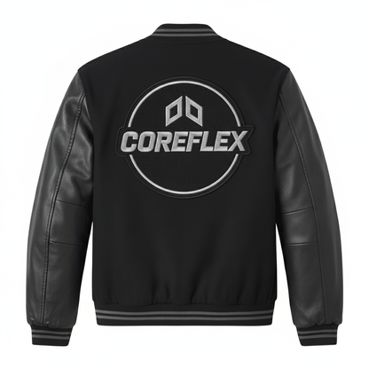 Black leather jacket with COREFLEX logo on the back against a white background